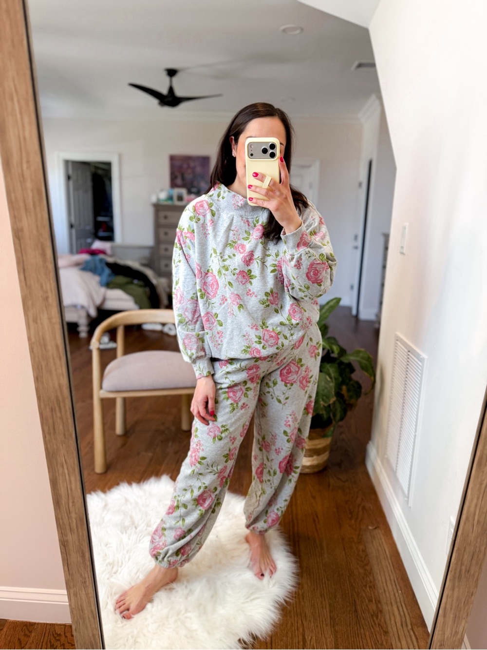 Cozy Floral matching Set - Pink Roses on Light Gray